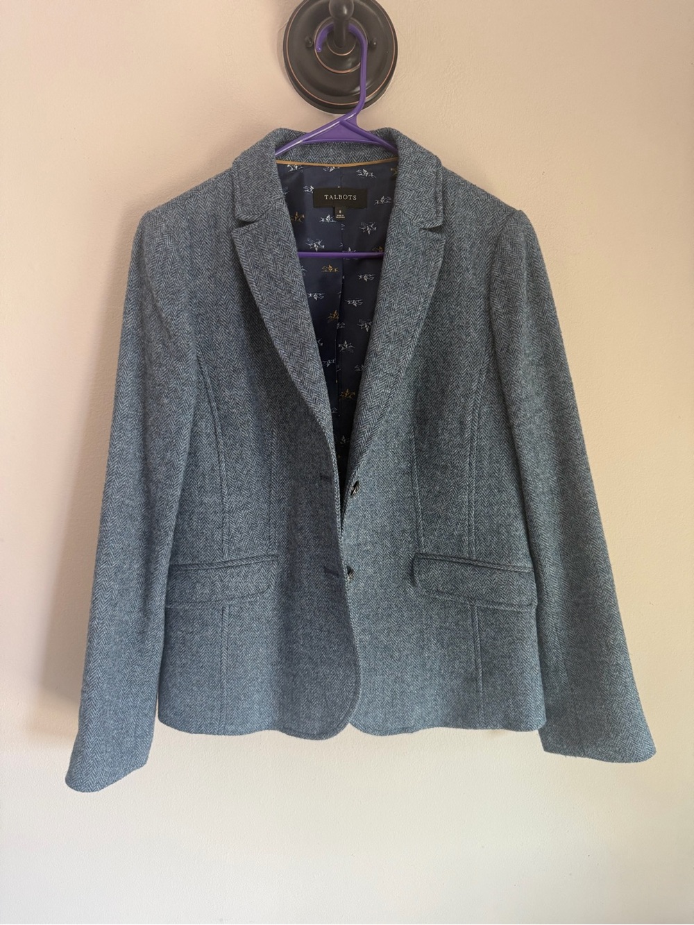 Talbots Blue Herringbone Wool Blend Blazer Jacket Equestrian Lining Size 8